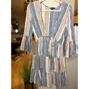 Spiaggia Dolce Deep V-Neck Striped Tassels Beach Tunic Dress Cover-up small 4-8